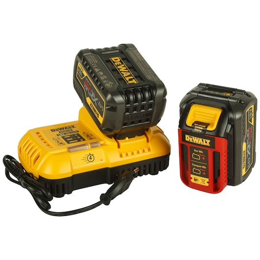 A DEWALT power tool battery set featuring two black and yellow batteries and a yellow charging station with a black cable.