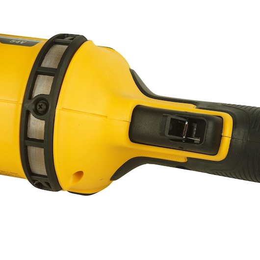 Close-up view of a DEWALT cordless power tool handle, featuring a yellow and black design, with visible ventilation grill and trigger area.