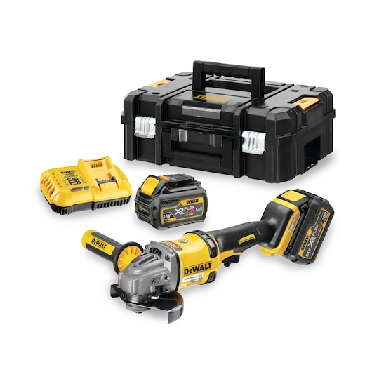 DEWALT cordless angle grinder kit including a yellow and black angle grinder, two batteries, a charger, and a sturdy black carrying case.
