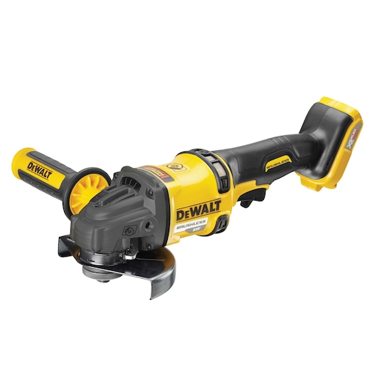 DEWALT tool with SKUs DCZ507T2-XE, DCG418N, DCZ503X2-XE. Yellow-black cordless grinder.