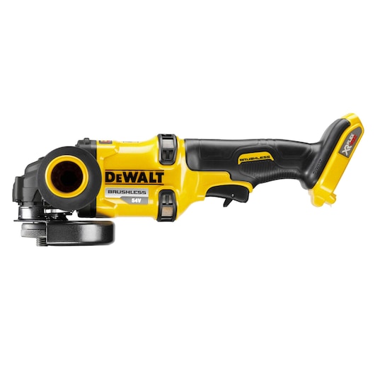 DEWALT grinder, brushless, yellow, 54V. SKUs: DCZ507T2-XE, DCG418N, DCZ503X2-XE. Photography product.