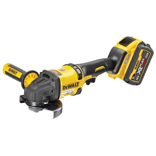 Cordless DEWALT XR FLEXVOLT angle grinder with yellow and black design and side handle.