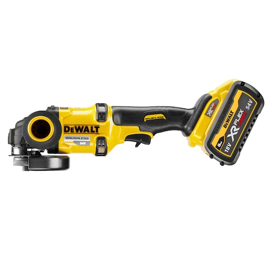 DEWALT yellow cordless angle grinder with brushless motor and XR FlexVolt battery, model DCG418X2.