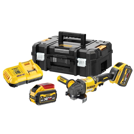 DEWALT cordless grinder kit with case, charger, batteries and tool, all in yellow and black.