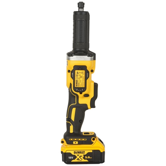 DEWALT cordless die grinder DCG426P2, yellow and black with 18V XR battery, shown upright on white background.