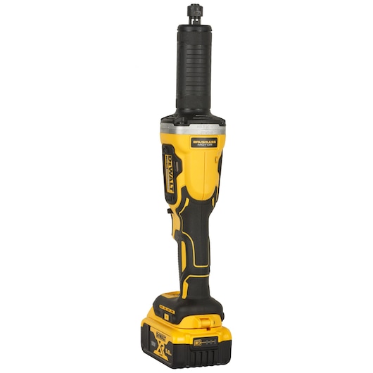 A yellow and black cordless straight die grinder tool with a battery attached at the base, shown upright against a white background.