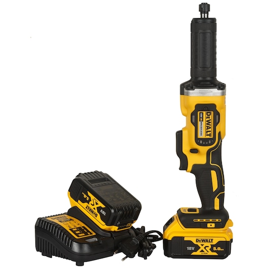 DEWALT cordless die grinder with battery and charger, 18V, yellow and black color, shown upright.