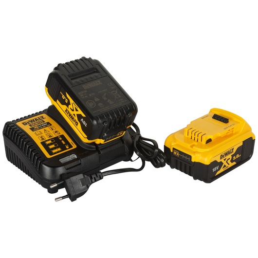 Two DEWALT branded 18V XR lithium-ion batteries and a DEWALT battery charger are shown. The batteries are yellow and black with clear labeling, and the charger is black with a yellow label and a plug attached.