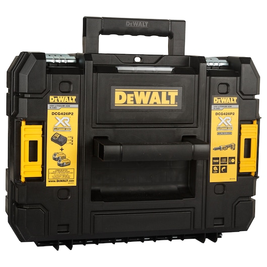 A DEWALT branded black and yellow hard plastic tool case, labeled with model DCG426P2 and specifications for lithium-ion batteries and a brushless motor. The case has a sturdy handle on top and front, yellow latch accents, and detailed informational stickers attached.