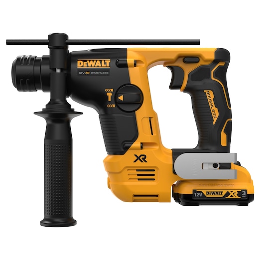 DEWALT 12V XR brushless cordless rotary hammer drill with side handle, yellow and black, model DCH072L2.