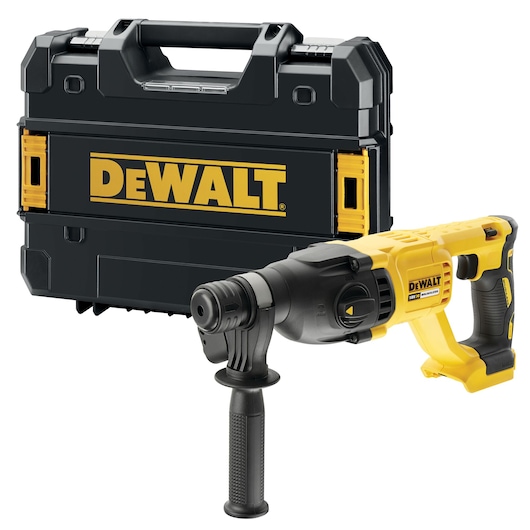 DEWALT DCH133NT cordless rotary hammer drill with side handle and black carrying case, front angle.