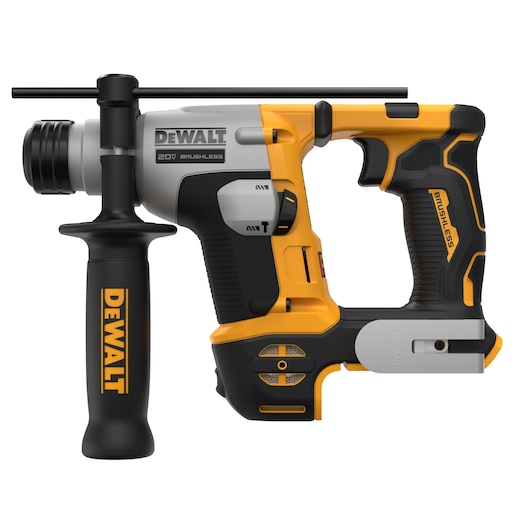 A DEWALT 20V brushless rotary hammer drill with a side handle, featuring a yellow and black design. The DEWALT logo is visible on the handle.