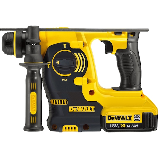 DEWALT 18V XR Li-Ion rotary hammer drill with side handle, shown in yellow and black color. The drill features a control dial and DEWALT branding.