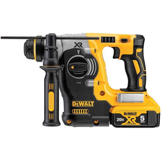 A DEWALT DCH273P2 20V XR cordless rotary hammer drill with a side handle and a 5Ah lithium-ion battery. The tool features black and yellow colors and prominent DEWALT branding.