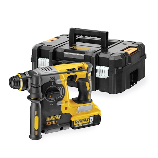 DEWALT cordless rotary hammer drill with battery and a black carrying case shown.