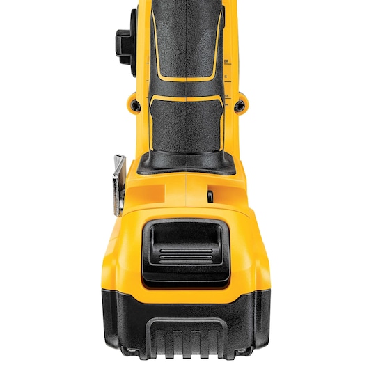 Close-up front view of a DEWALT cordless power tool, featuring a yellow and black design with a textured handle and control switches.
