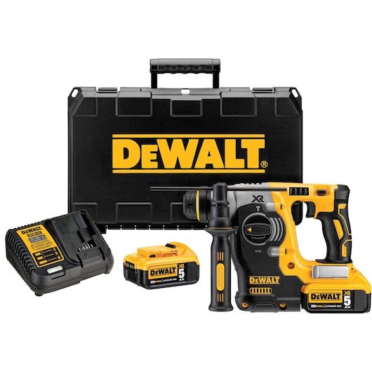 A DEWALT cordless power tool kit including a yellow and black rotary hammer drill, two lithium-ion batteries, a battery charger, and a hard carrying case with the DEWALT logo.