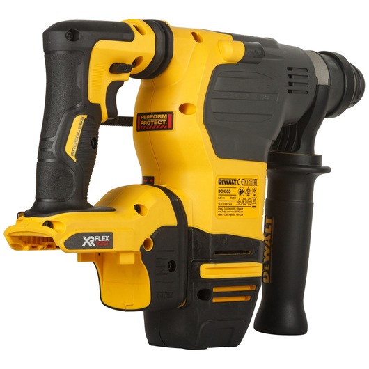 Yellow and black DEWALT DCH333NT cordless rotary hammer drill, featuring XR FLEXVOLT technology and ergonomic handles.