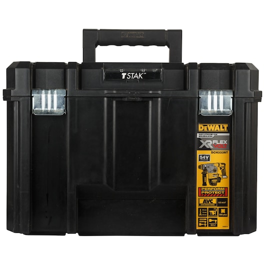 Black DEWALT TSTAK toolbox with handle and product label for DCH333NT XR FlexVolt tools.