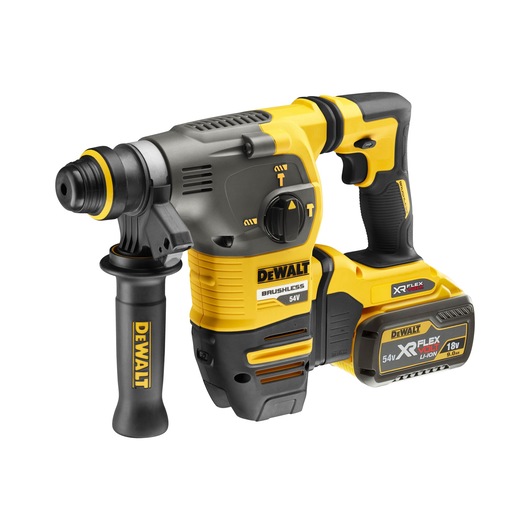 A DEWALT cordless rotary hammer drill with a brushless 54V motor, featuring a side handle and an XR Flexvolt lithium-ion battery pack.