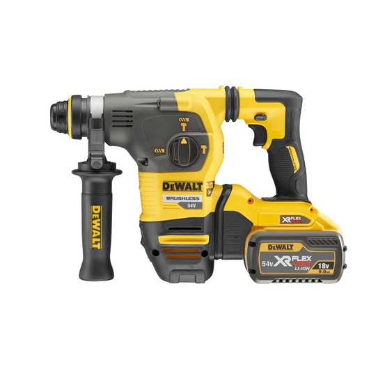 A DEWALT 54V XR FlexVolt cordless rotary hammer drill with brushless motor, black and yellow body, side handle, and detachable battery pack.