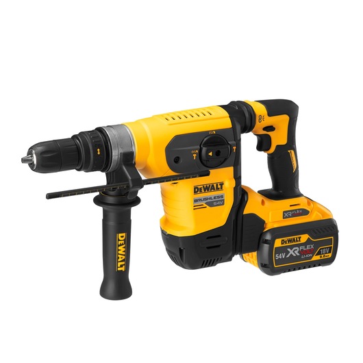 A DEWALT DCH417X2 54V XR FLEXVOLT cordless brushless rotary hammer drill with handle and depth gauge. The drill is yellow and black, features branding and specifications on its body, and includes a detachable battery.
