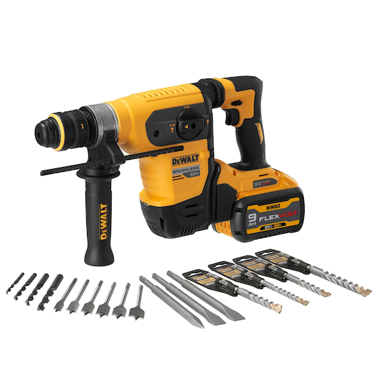 A Dewalt 60V brushless cordless hammer drill with a Flexvolt 9Ah battery, shown with a set of drill bits and chisel attachments. The power tool and accessories are arranged on a white background.
