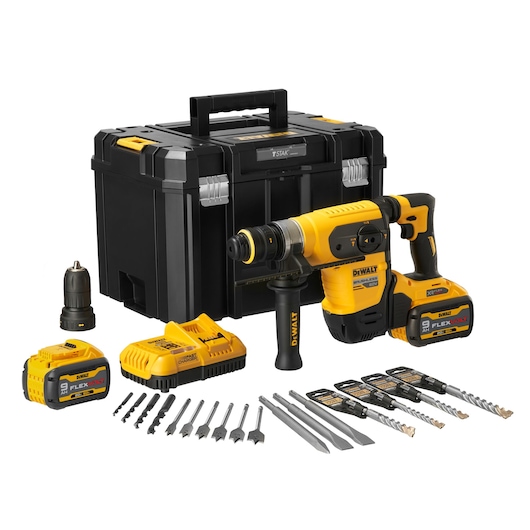 DEWALT cordless rotary hammer drill kit with accessories, including a black and yellow rotary hammer drill, two batteries, battery charger, drill bits, chisel bits, an additional drill head, and a black carrying case.