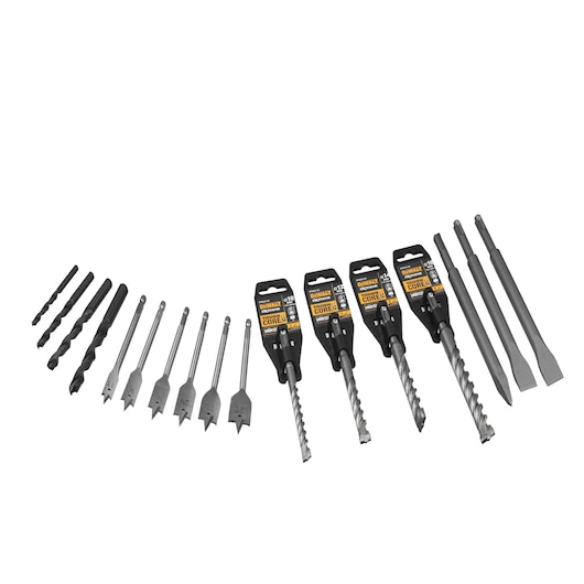 A set of assorted DEWALT drill bits and chisels, arranged in a row on a white background. The set includes different sizes and types of drill bits and flat chisels, some with product tags attached.