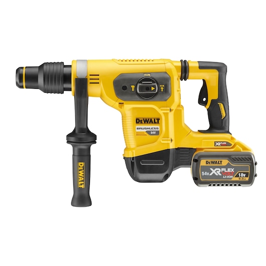 A yellow and black DEWALT cordless rotary hammer drill with a side handle and a 54V XR FLEXVOLT lithium-ion battery attached. The tool features brushless technology and heavy-duty design.