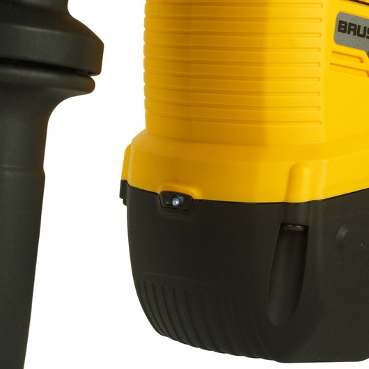 Close-up image of a DEWALT power tool, showing the yellow and black body with a handle on the left side.