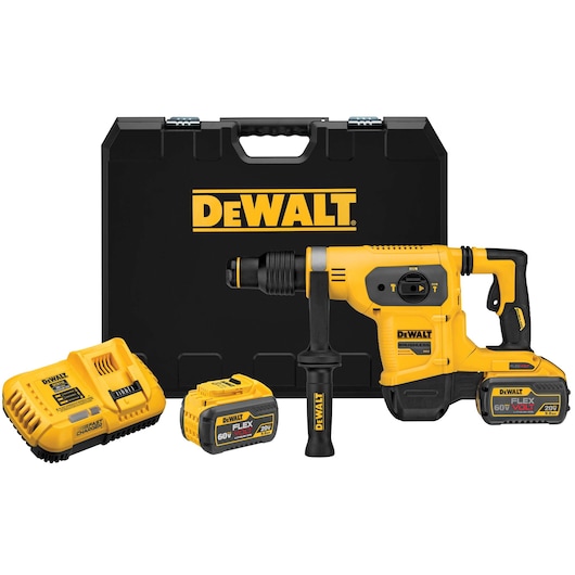 A DEWALT cordless rotary hammer drill kit is shown, including a yellow and black rotary hammer drill, two FLEXVOLT rechargeable batteries, a charger, and a black carrying case with the DEWALT logo.