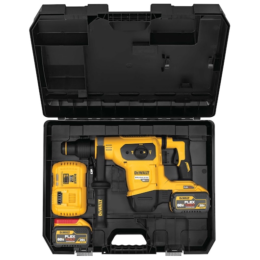 A DEWALT cordless rotary hammer drill kit, including the yellow and black rotary hammer drill, two batteries, and a charger, all neatly organized inside a hard black carrying case.