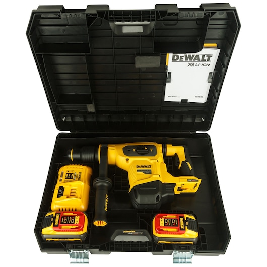A DEWALT branded cordless rotary hammer drill set, featuring the drill, two batteries, a charger, and an instruction manual, all stored in a black hard plastic carrying case.