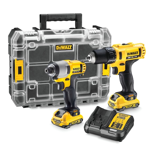 DEWALT tool kit with two cordless drills, charger, and carrying case, all in yellow and black.