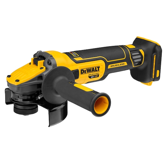 A yellow and black DEWALT cordless angle grinder with a brushless motor and a side handle.