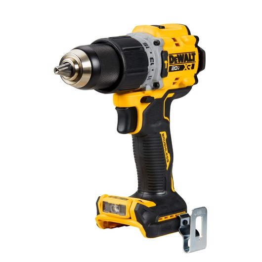 A DEWALT 20V cordless power drill with a black and yellow design, featuring a brushless motor and a metal belt clip. The drill is shown without a battery attached.