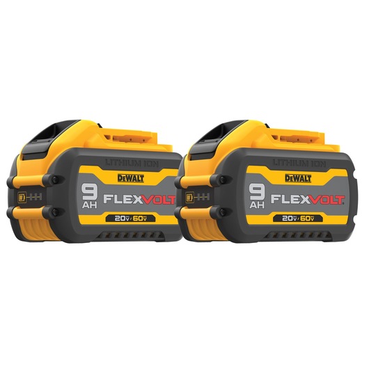 Two DEWALT FLEXVOLT 9AH lithium-ion batteries for power tools, featuring 20V/60V dual voltage capability.