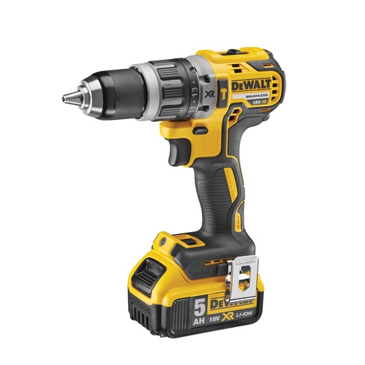 Cordless DEWALT drill with 18V XR battery, yellow and black, ergonomic handle, close-up on white background.