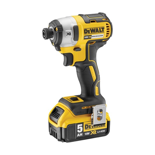 DEWALT 18V XR brushless cordless impact driver with 5Ah Li-Ion battery, yellow and black.