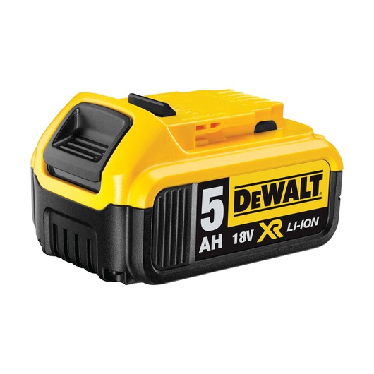 DEWALT XR 18V 5Ah lithium-ion battery pack in yellow and black for power tools.