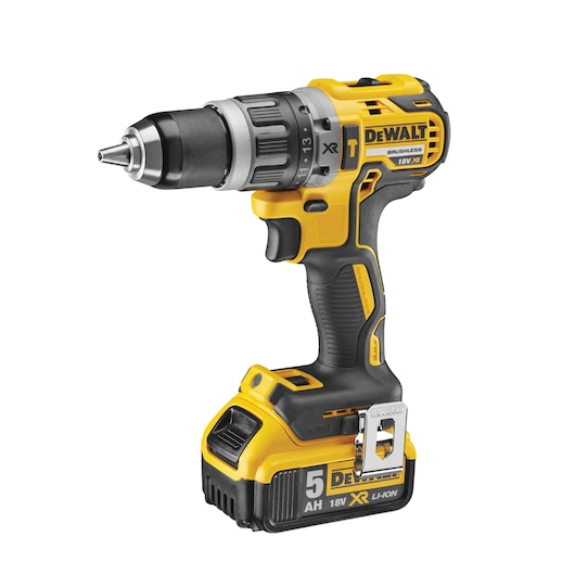 A yellow and black cordless DEWALT drill with a 18V XR lithium-ion battery, featuring a brushless motor and ergonomic grip.