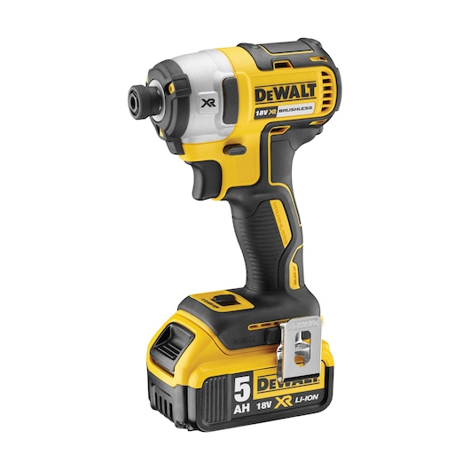 A DEWALT cordless impact driver with a yellow and black design, 18V XR brushless motor, and a 5AH lithium-ion battery attached.