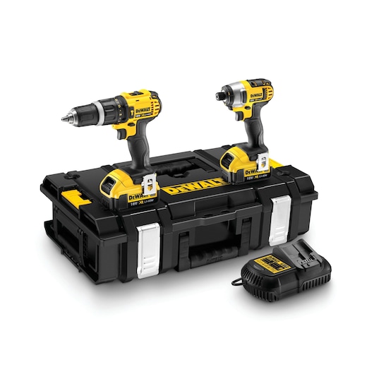 DEWALT tool set with two cordless drills, a black toolbox, and a battery charger shown on a white background.