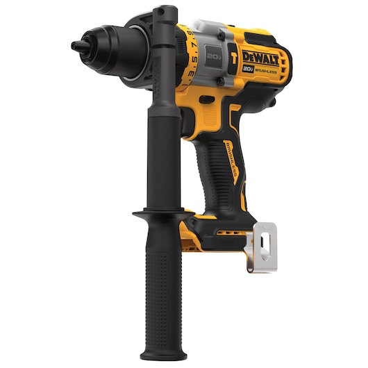 A Dewalt 20V brushless cordless drill with a black auxiliary handle, yellow and black body, and metal belt clip, shown against a white background.