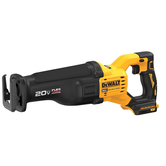 A DEWALT 20V cordless reciprocating saw with brushless motor and FLEXVOLT Advantage, featuring a yellow and black design.