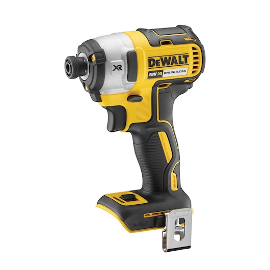 A DEWALT 18V XR brushless cordless impact driver, featuring a yellow and black design, with a metal belt clip attached at the base.