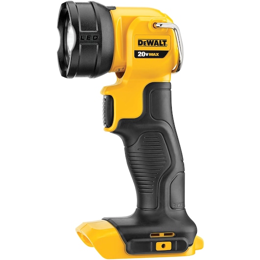 A DEWALT 20V MAX cordless LED work light with a yellow and black body, ergonomic handle, and a hook for hanging. The light is designed for use with rechargeable batteries, shown without battery attached.