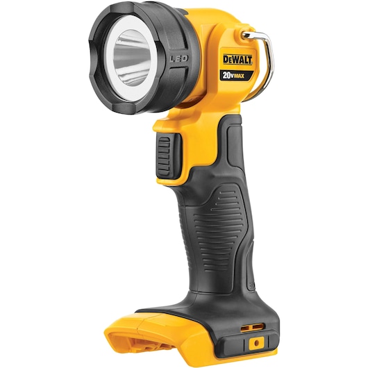 A DEWALT DCL040B 20V MAX cordless LED work light, shown in yellow and black plastic with a pistol-grip handle and metal hook for hanging.