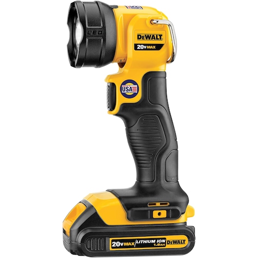 A DEWALT 20V Max LED handheld work light with a lithium-ion battery, featuring a black and yellow design and ergonomic handle.